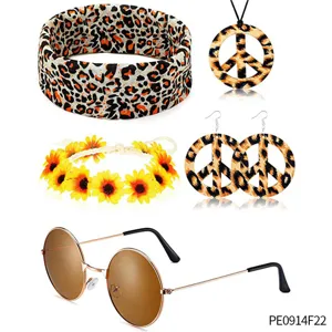 60s Hippie Costume Accessories Set Leopard Headband Peace Sign Necklace Earrings Sunglasses