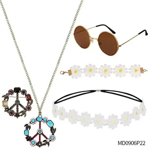 60s retro hippie costume accessories set including peace sign necklace sunglasses daisy