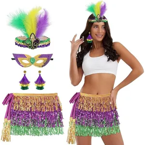 Mardi Gras carnival party costume set with feather headband, sequin mask and tassel skirt.
