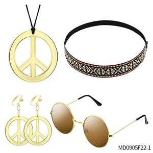 60s hippie costume accessories set with peace sign necklace, headband, earrings and glasses