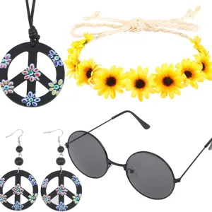 Retro hippie costume accessories set featuring peace necklace sunflower floral crown