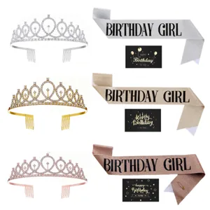 Birthday tiara crown and glitter sash set party accessories for women girls silver gold rose