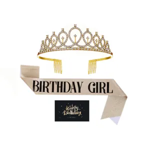 Birthday girl sash and tiara set detail, sparkling gold glitter sash rhinestone crown for party.