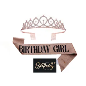 Birthday crown and rose gold glitter sash set for women birthday party celebration decor.