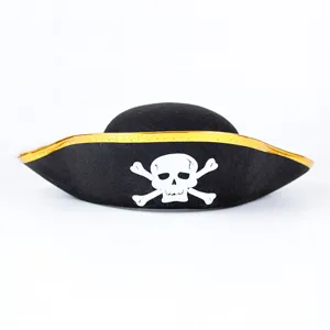 Halloween pirate hat black tricorn costume cap with gold trim and skull bone design