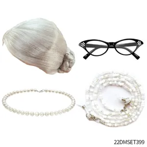 80s old lady cosplay costume set featuring grey hair wig bun cat eye glasses and pearl necklace.
