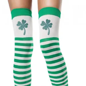 St. Patrick's Day striped over-the-knee socks featuring a cute green shamrock clover detail.