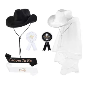 Junggesellenabschied schwarz weiß Cowboyhut Schleier Braut Schärpe Anstecker Set Details