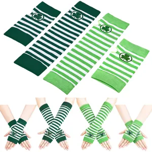 St Patricks Day Shamrock Clover Print Striped Gloves Arm Sleeves And Long Stocking Festival Party Costume Accessories