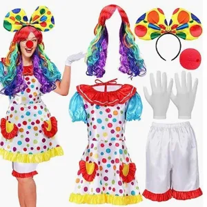 Halloween adult clown costume set with colorful wig, polka dot dress, gloves, and red nose.