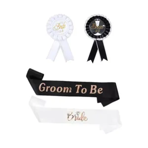 Junggesellinnenabschied Braut und Bräutigam Schärpe und Rosette Set in Schwarzweiß.