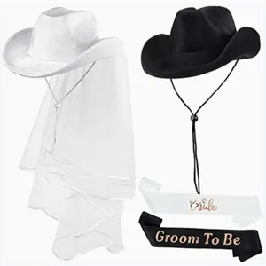 Weißer und schwarzer Western-Cowboyhut Brautschleier und Schärpe Set für Party