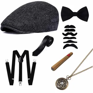 1920s mens gangster costume set herringbone flat cap suspenders bow tie fake mustache cigar