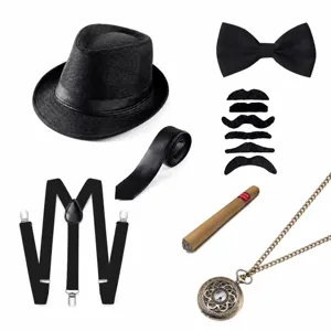 Detailed view of 1920s men gangster costume accessories set including fedora hat and props.