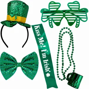 St. Patrick's Day party costume set green sequin top hat shamrock glasses sash necklace