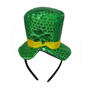 St Patricks Day green sequin mini top hat headband detail view holiday party costume accessory