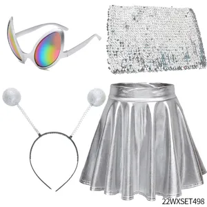 Silver Alien Costume Set with Futuristic Glasses Pleated Skirt Headband for Party