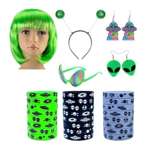 Alien costume accessory set including green wig headband earrings glasses silicone wristbands