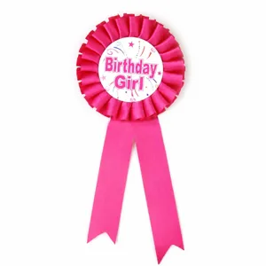 Pink birthday girl rosette ribbon badge for kids party celebration dress up decoration.