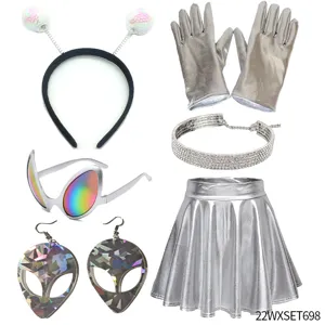Alien costume set featuring headband, metallic gloves, choker, glasses, and skirt for party.