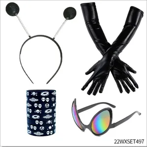 Alien costume accessories set featuring headband, gloves, silicone bracelets and glasses.