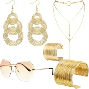 Retro Vintage Disco Party Costume Accessories Set Gold Tone Statement Necklace Earrings Bracelets Fashion Sunglasses For Women