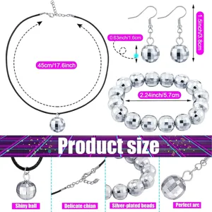 Disco ball necklace earrings bracelet set with silver plated beads and detailed sizes.