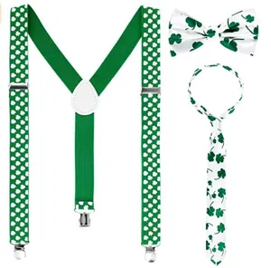 St. Patrick's Day suspenders bow tie necktie set green shamrock pattern festival party accessory