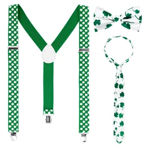 St. Patrick's Day green clover suspender bow tie and necktie set festival costume accessory