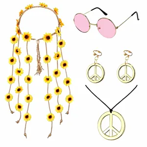 Retro 60s hippie party sunflower headband pink round sunglasses peace sign jewelry set detail