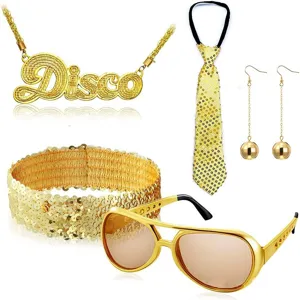 1970s disco party costume set featuring gold sequin tie, necklace, earrings, and glasses.