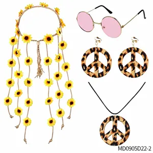 60s hippie costume accessories set sunflower headband round sunglasses peace sign necklace