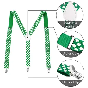 Green shamrock suspenders detail showing synthetic leather connector and heavy adjustable metal clips.