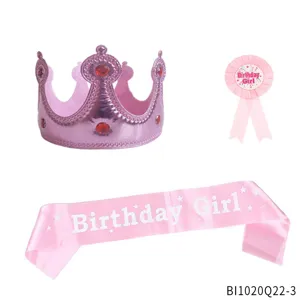 Pink birthday party crown tiara sash and rosette badge set for cute girls celebration.