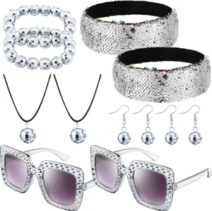 70s disco party costume set with silver sequin headband and sphere jewelry accessories