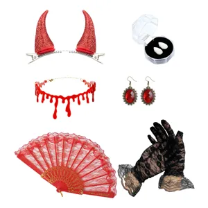 Set de accesorios de disfraz de Halloween con cuernos de diablo, colmillos y abanico de encaje.