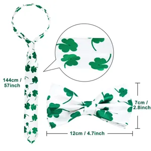 St. Patrick's Day green clover necktie and bow tie set with detailed dimensions.