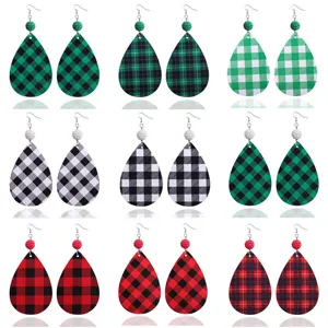 St. Patrick's Day faux leather teardrop plaid earrings set, classic tartan patterns.