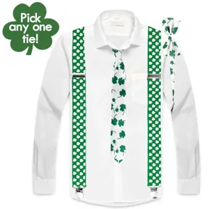 Detailed view of St. Patrick's Day green clover print suspenders, necktie and bow tie set.