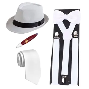 Men's 1920s Gangster Costume Accessories Set Herringbone Hat Braces Tie Cigar