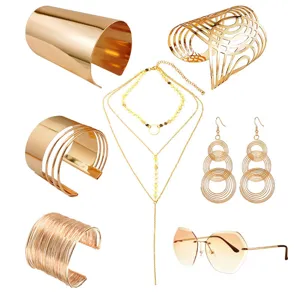 1970s Disco Hippie Party Gold Jewelry Set Multi Layer Necklace Cuffs Earrings Sunglasses