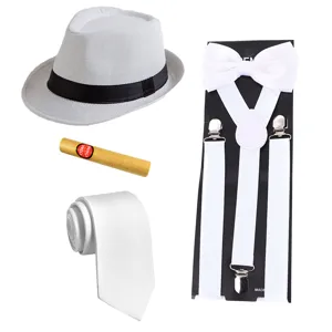 1920s mens gangster costume set white fedora hat suspenders tie cigar party prop