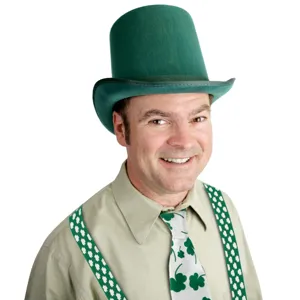 Close up of St Patrick's day green top hat, shamrock suspenders and tie costume details.