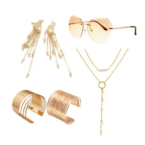 1970s disco hippie party jewelry set including tassel earrings, sunglasses and necklaces.