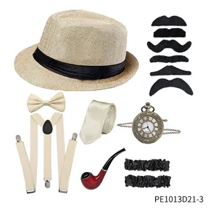 1920s Mens Gangster Costume Set Fedora Hat Suspenders Bow Tie Pocket Watch Props