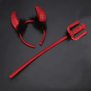 Halloween rode duivel hoorn haarband en bijpassende drietand kostuum accessoire set.