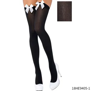 Sexy black thigh high stockings with white bows, thin sheer hosiery for party and cosplay.