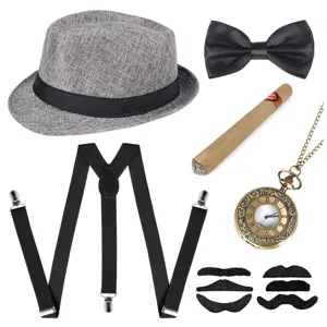1920s Men Gangster Costume Set Fedora Hat Suspenders Bow Tie Pocket Watch Cigar Prop