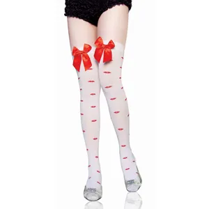 Sexy over the knee white stockings with red bow and lip print for women fashion party wear