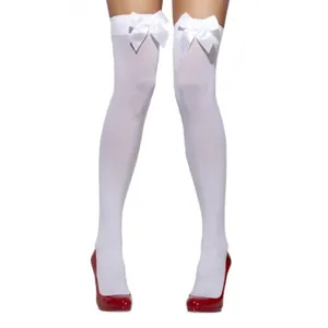 White over-the-knee stockings with satin bows, sweet lolita style thigh high socks.